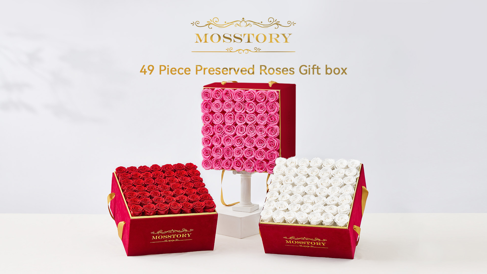 Mosstory Forever Flowers - Rosas Preservadas En Caja, 49 Piezas, Regalos Para Mujeres, Esposa, Día De La Madre, Navidad, Aniversario (rosas Rosas, Caja Cuadrada De Gamuza Blanca