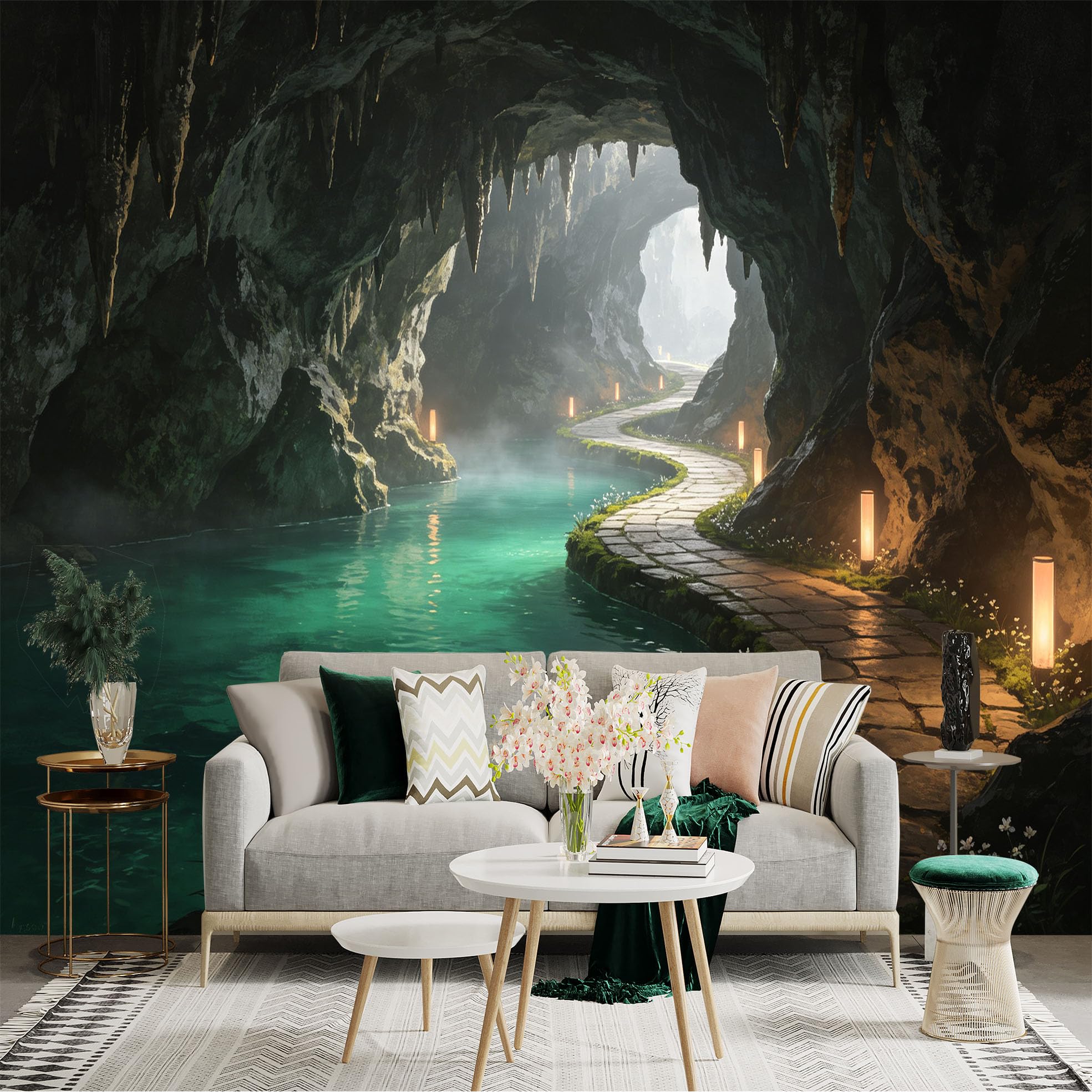 Custom Size Wall Sticker Mural， Mysterious Limestone Cave， Glowing Underground River， Winding Stone Path， Serene Natural Landscape， for wall Decoration， peelandstick wall Decals.