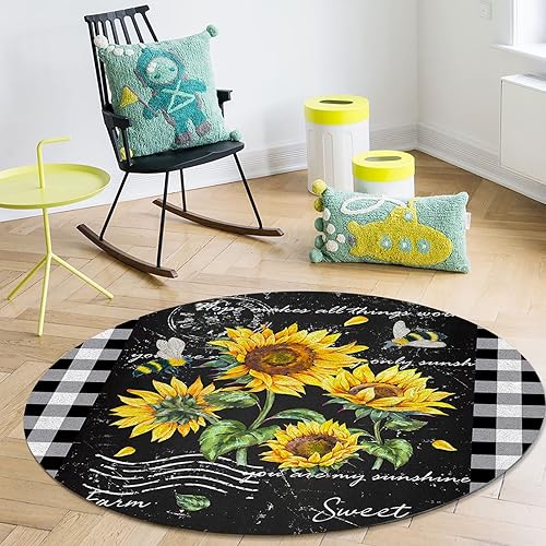 Alfombra moderna para interiores de 5 pies, alfombra antideslizante de girasoles con diseño de abeja, flores rústicas en blanco y negro, lavable a