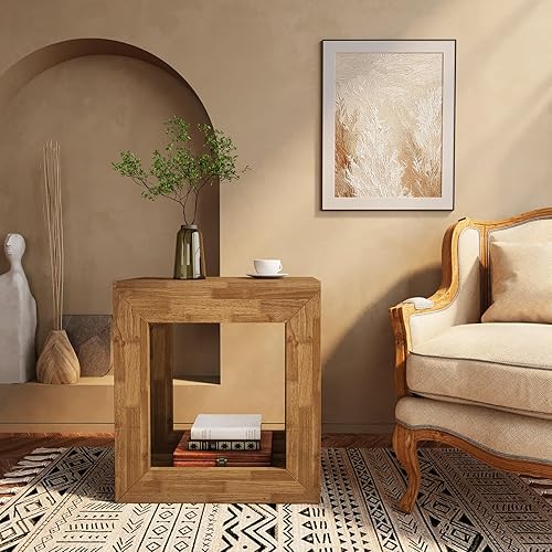 Miniatura 6 de Tribesigns Mesa auxiliar cuadrada, mesa auxiliar de madera de 2 niveles con base resistente, mesita de noche estrecha de granja con estante de