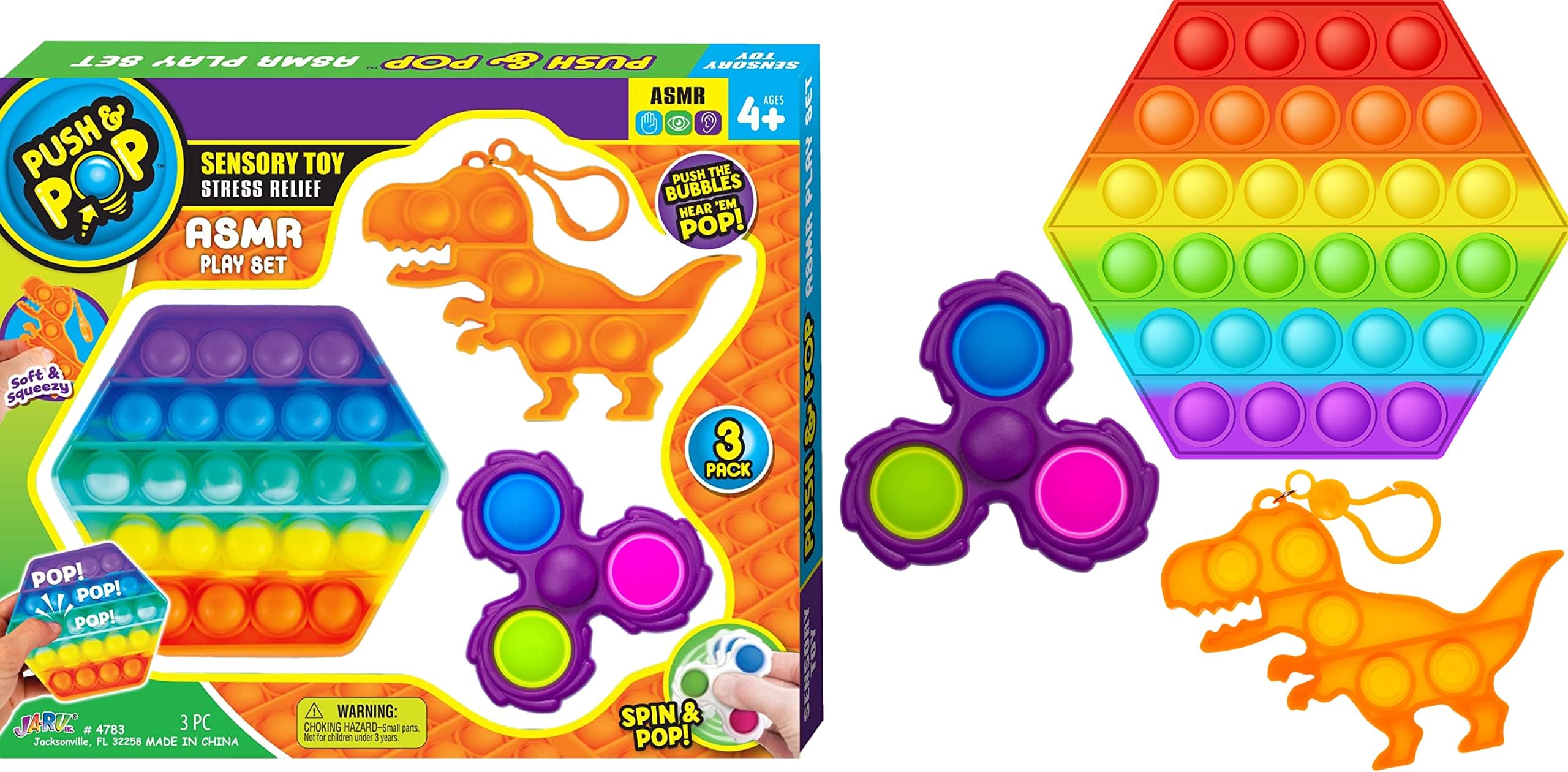 JA-RUFidget Toys 3 Pack, Rainbow Pop Its, Pop It Fidget Spinner & Pop It Dinosaur with Clip (1 Pack) Sensory Stress Toys Party Favor Stuffers Game Kids Poppers Autism Anxiety ADHD 4783-1