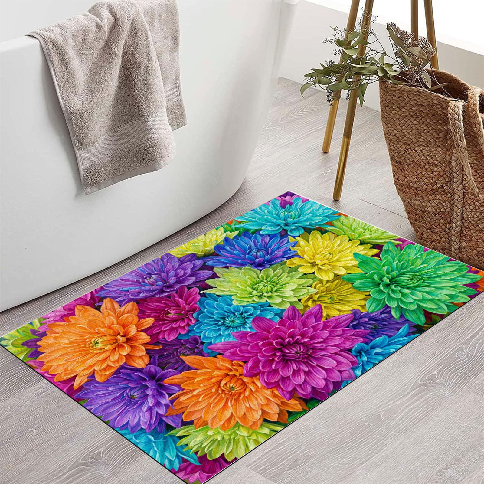 80X120Cm Zerbino Ingresso Interno Antiscivolo Assorbente, Tappeto In Microfibra Sottile Lavabile Con Dalie Rurali Multicolori Piante Arcobaleno Da Sogno Per Cucina Bagno Porta E Animali, Verde Viola