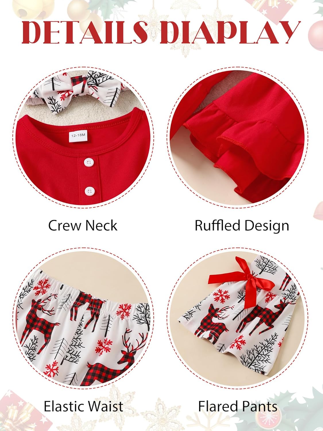 AMAWMW Toddler Baby Girl Christmas Outfit Ruffle Long Sleeve Top Bell Bottom Pants Headband Christmas Clothes Set - Image 5