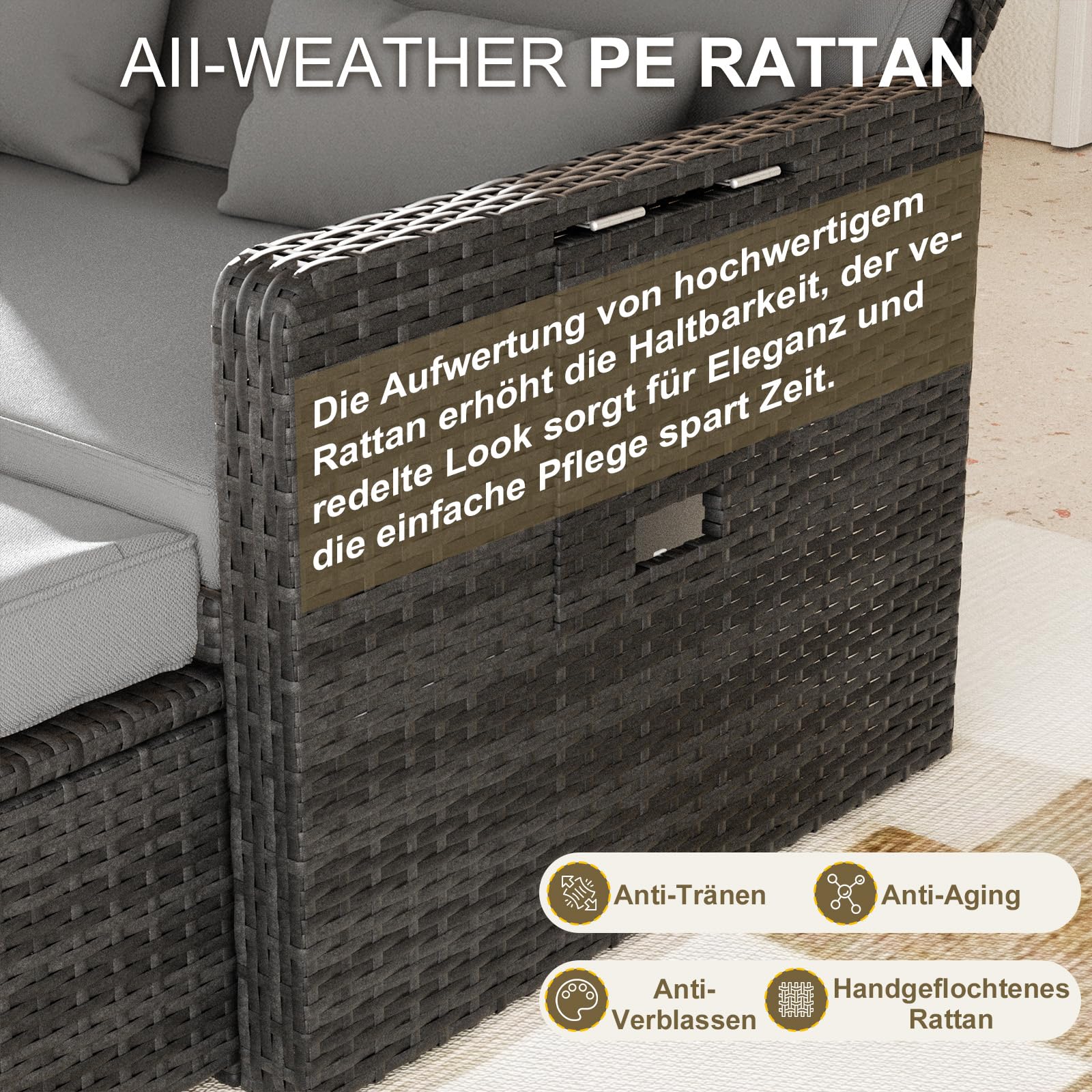 UDPATIO Rattan Lounge Möbel Outdoor, Lounge Balkonmöbel Gartensofa mit Hocker,Rattan Sofa mit Stauraum, Verstellbares 2 Sitzer Garten-Bett für Terrasse,Balkon,Garten,Grau-meliert & Dunkelgraue Bezüge