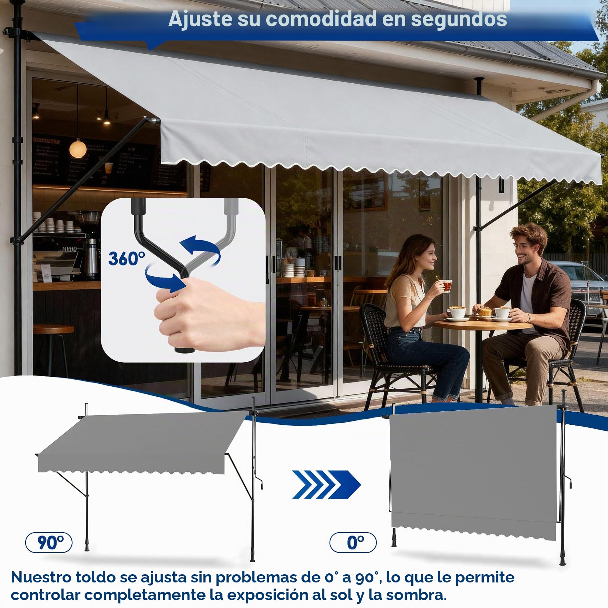 UISEBRT Toldo con sujeción de 250 cm de ancho - Toldo para balcón con manivela sin necesidad de perforación Ajustable, protección UV, protección solar, resistente a la intemperie, gris claro (2,50 x