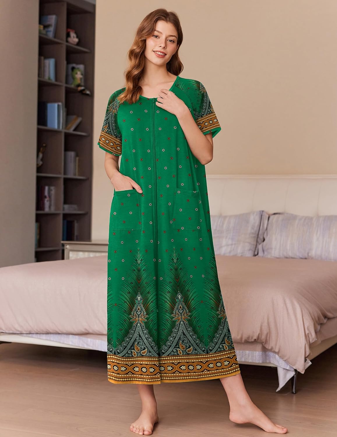 Ekouaer Women Long House Coat Zipper Front Robes Full Length Nightgowns with Pockets Striped Loungewear S-4XL - Image 3