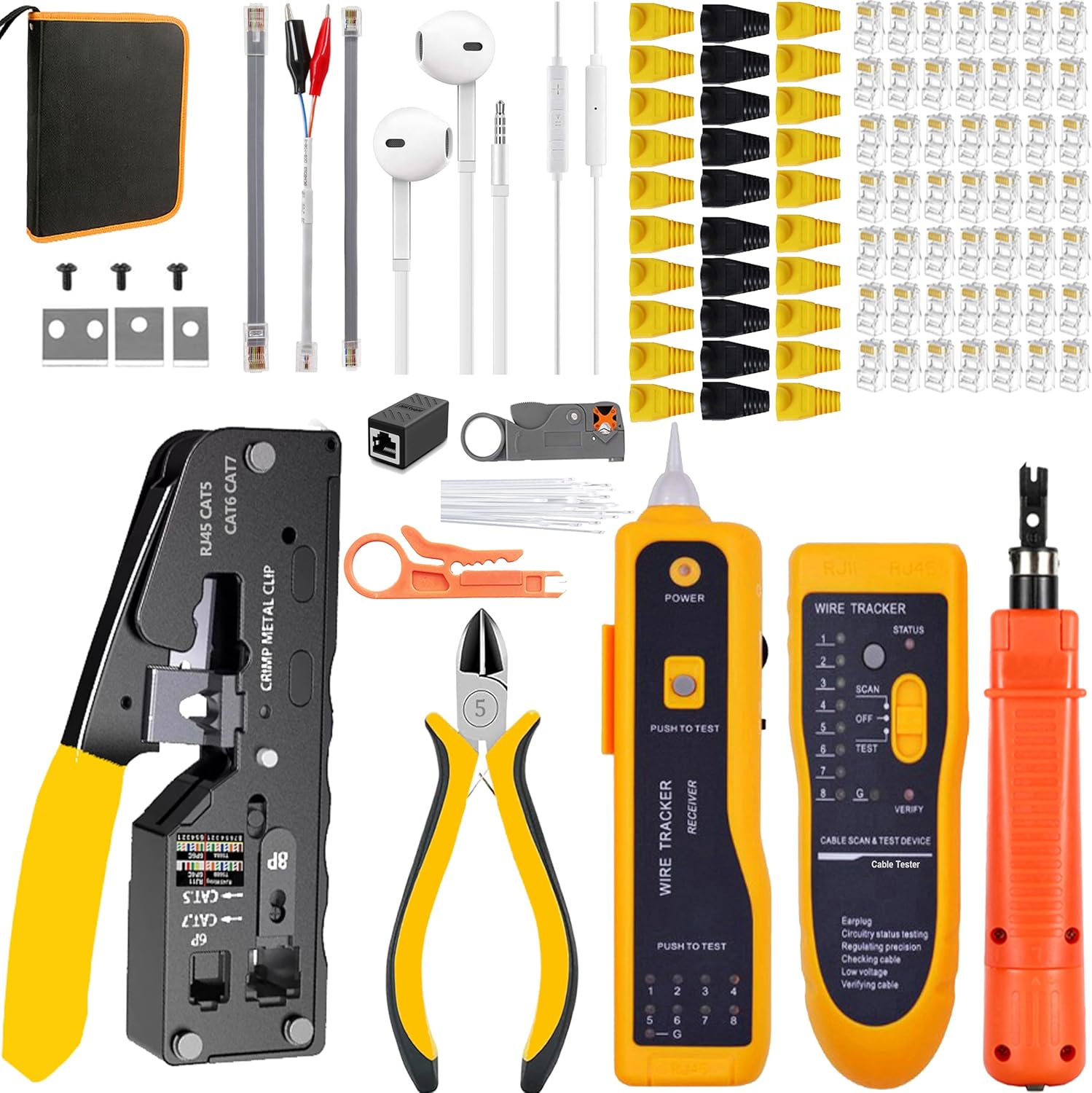 LEATBUY RJ45 Crimp Tool Ethernet Crimper Kit CAT5/CAT6 Crimping Tool Set for Pass Through with 50PC Connector, 50PC Cover Network LAN Wire Cable Punch Down Stripper(YELLOW)