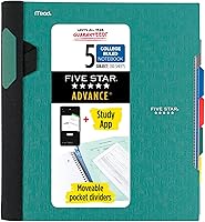 Five Star Advance 5-Subject Spiral Notebook with Study App, College Ruled, 200 Sheets, Movable Dividers, Seaglass Green