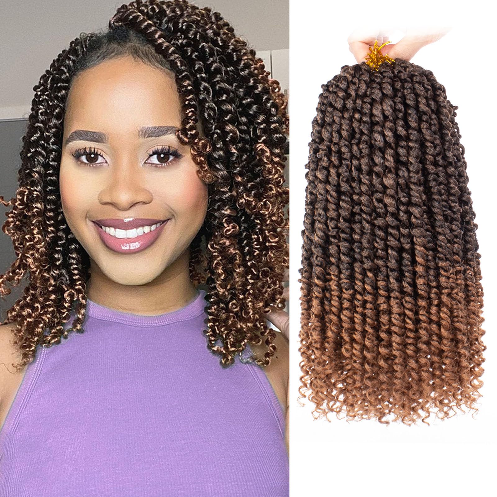 Samtress 12 Inch Passion Twist Crochet Hair 8 Packs Pretwisted Passion Twist Hair Synthetic Ombre Brown Pre Looped Bomb Water Wave Crochet Braids Hair Extensions for Women (#T30)