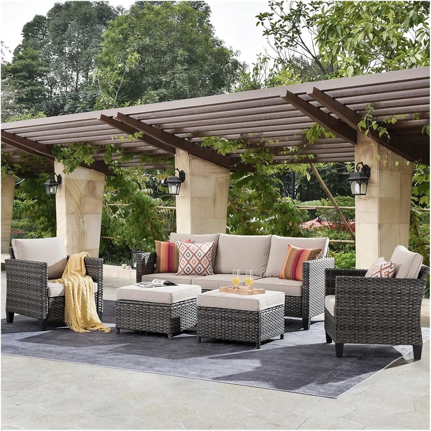 5 Pieces Outdoor Patio Furniture Sofa Sets All-Weather Wicker Patio Conversation Sets Modular Patio Furniture Set with 3 Chairs and 2 Footstool (Color : White)