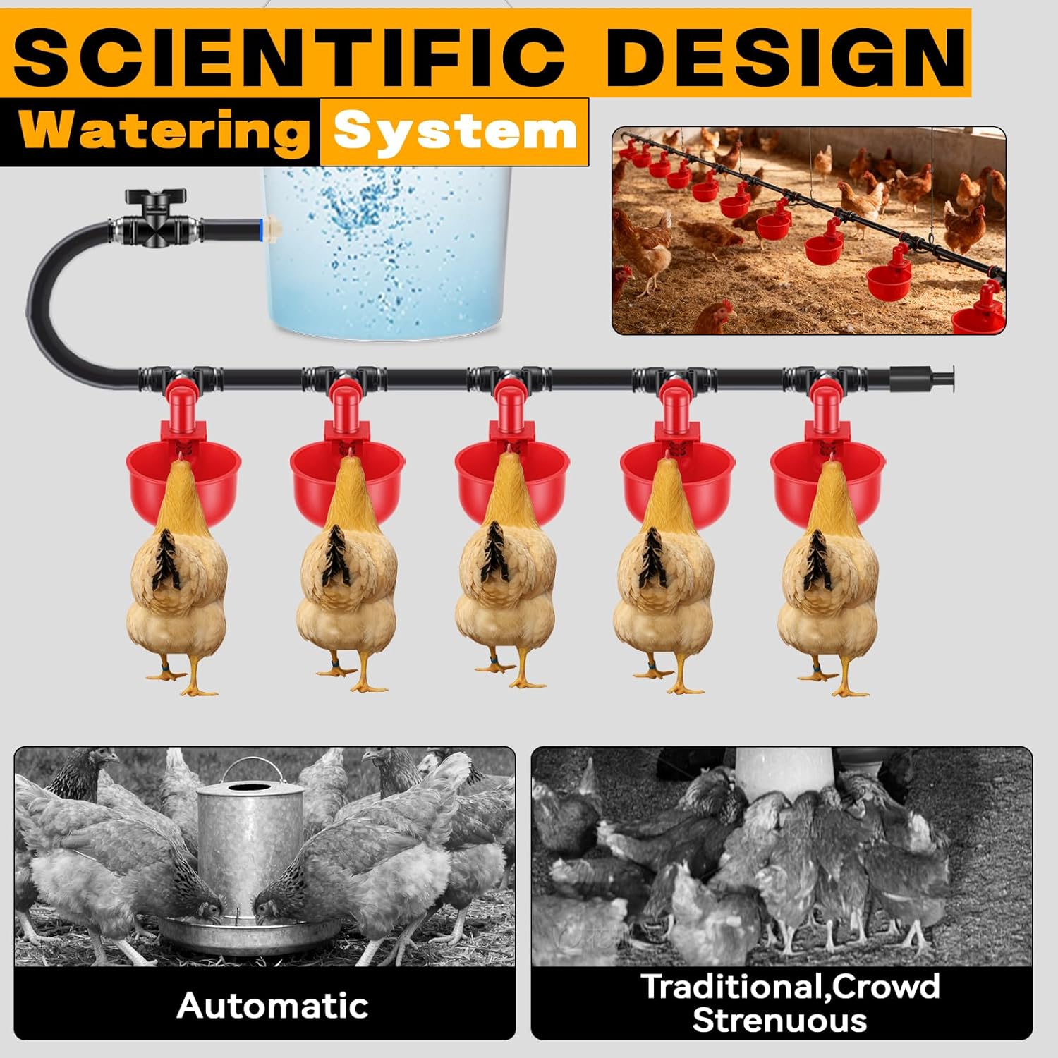 Complete Automatic Chicken Watering System with Quick-Connect Large Cups, 32.8ft Pipeline & Float Valve – 10 Red Cups, Removable & Washable