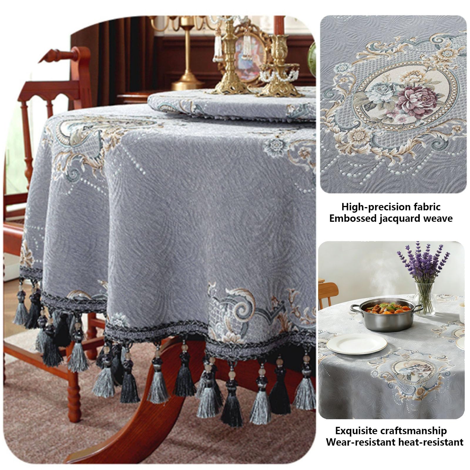 Tovaglia rotonda retrò europea da 120 cm, con nappe e bordo intrecciato, per matrimoni, banchetti, riunioni e uso domestico (160 cm)