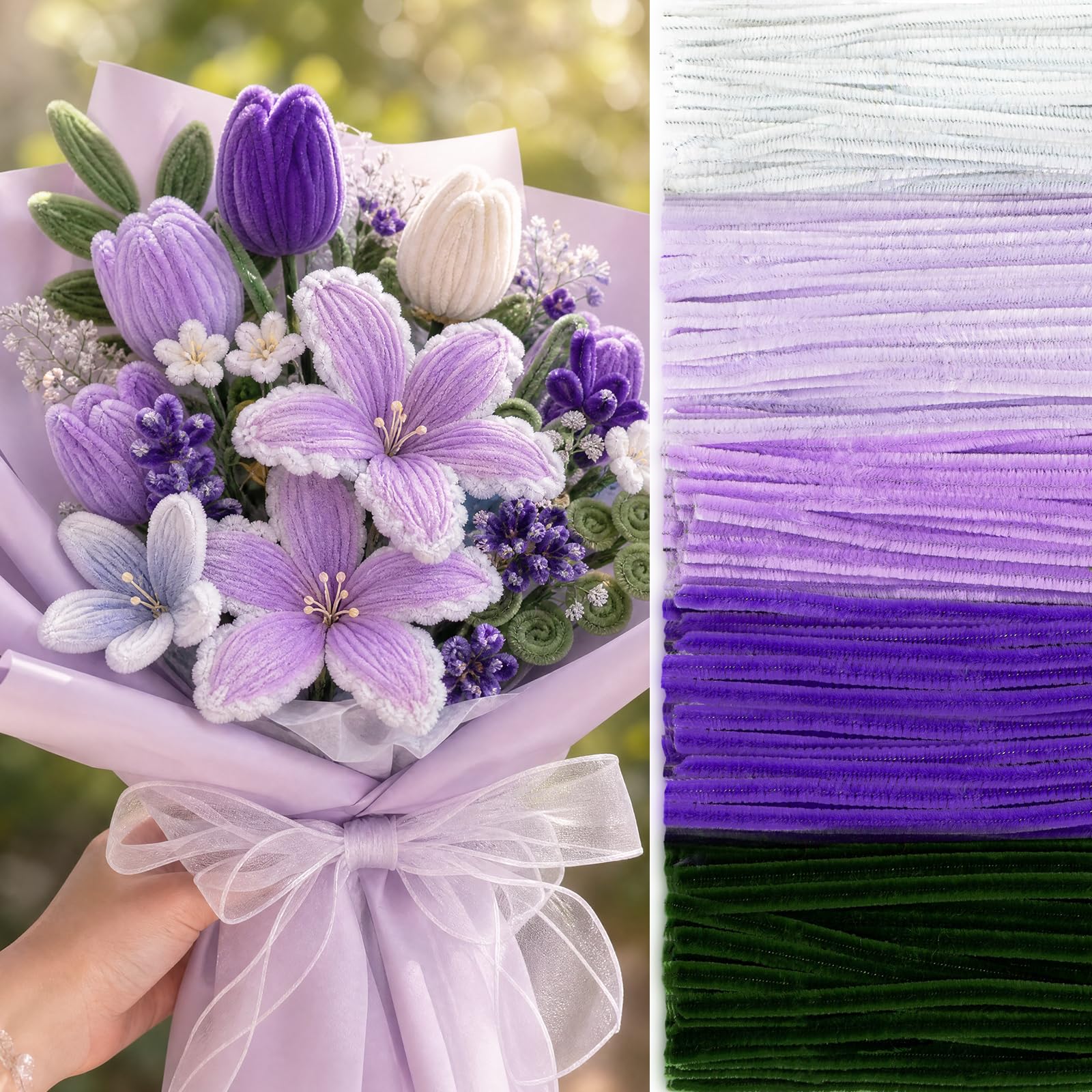 Peryiter 500pcs Pipe Cleaner Craft Pack, Purple Flower Color, 12 Inch
