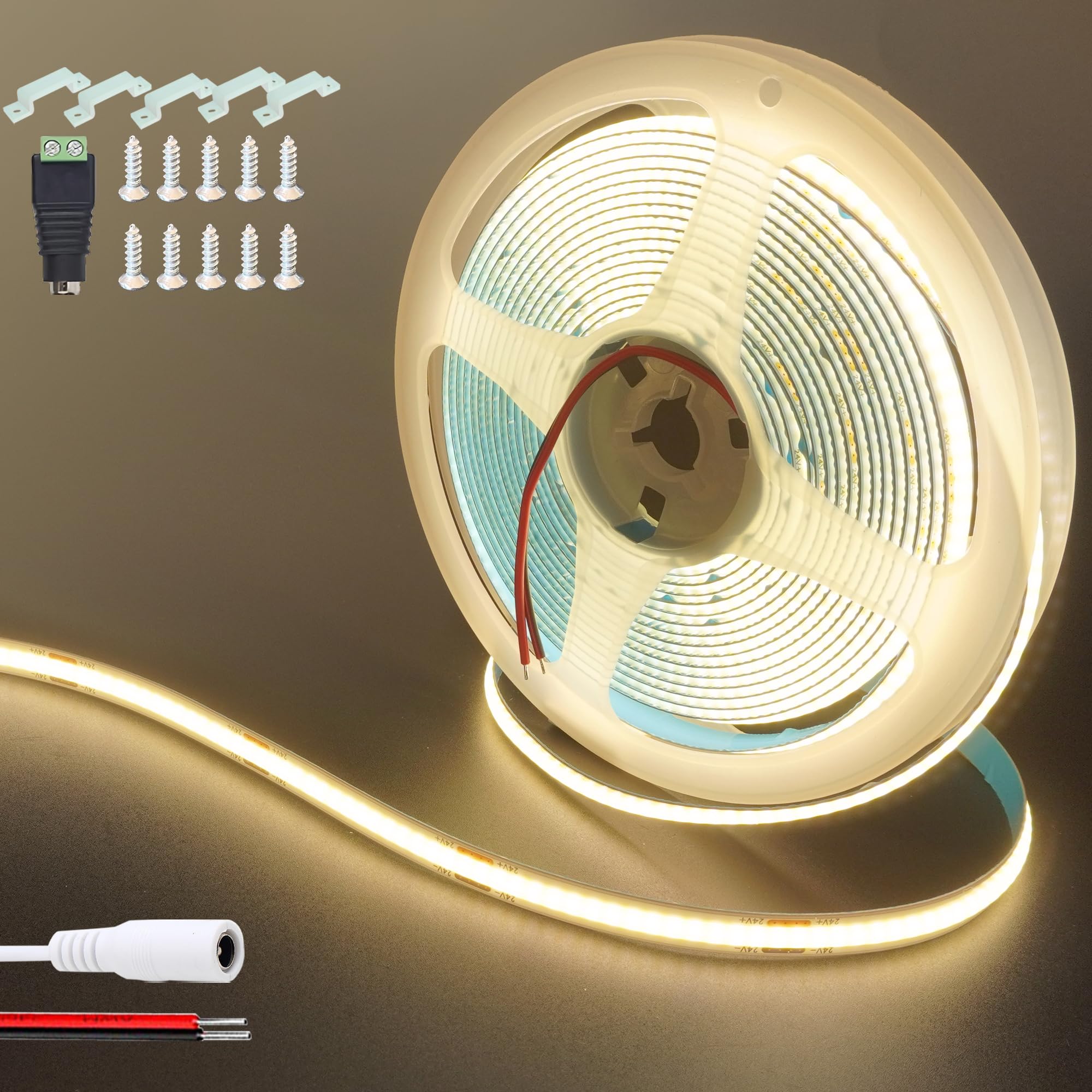 Clearhill 24V COB LED Strip Lights(No Power Supply), 32.8FT/10M,Natural White 4000K,320LEDs/M,with 5521DC Female and red and Black Wire Connectors,8mm Width,IP20,for DIY Home Indoor Decoration