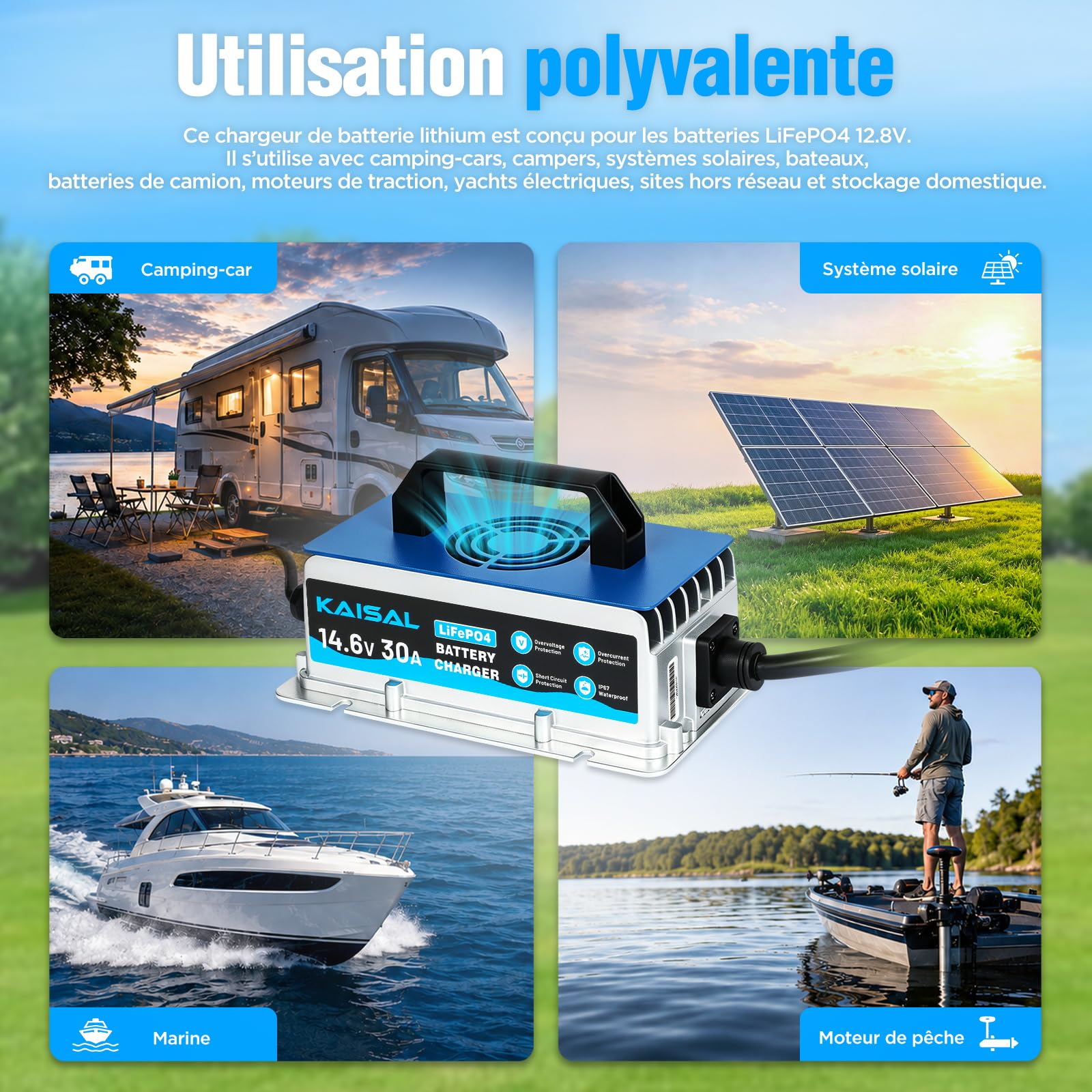 KAISAL 12V 30A Chargeur de Batterie Lithium, 14.6V Chargeur LiFePO4