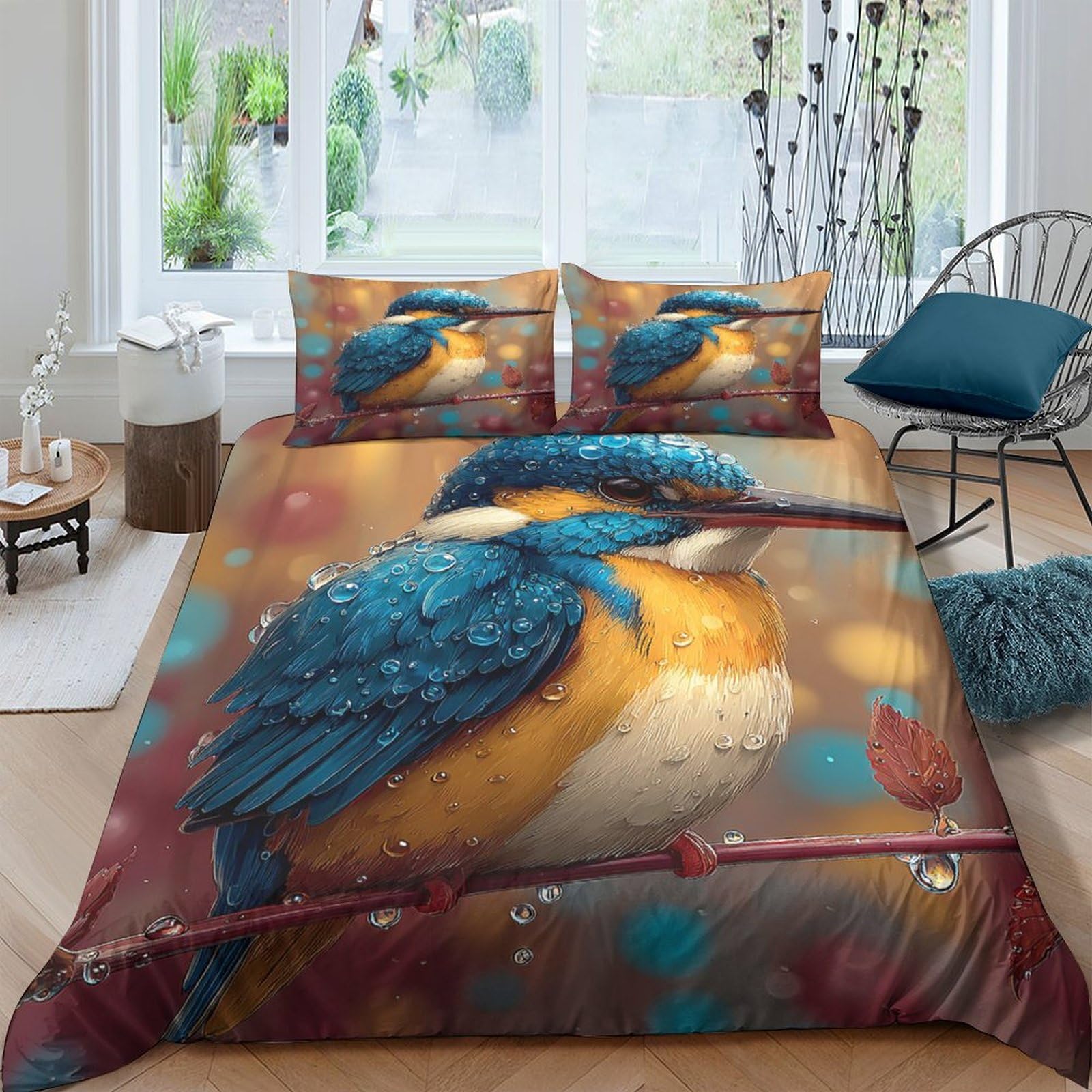 Ctjqhvkz Style-10 3D Printed Kingfisher Bird Fitted Sheet Microfiber Slip Resistant Artistic Branch Bed Cover For Bedroom Guest Room Single（135X200cm）