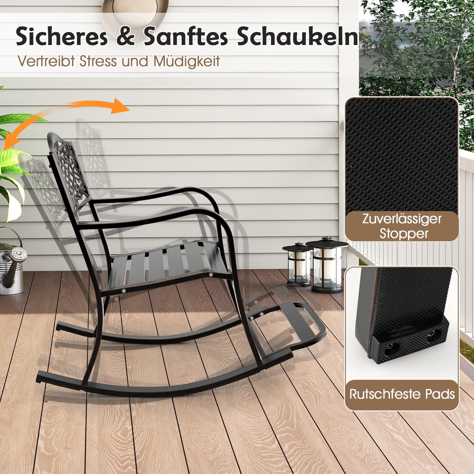 COSTWAY Schaukelstuhl mit Fußstütze, Schaukelsessel aus Aluminiumguss, Relaxstuhl, Schwingsessel, Gartenstuhl für Garten, Terrasse, Balkon