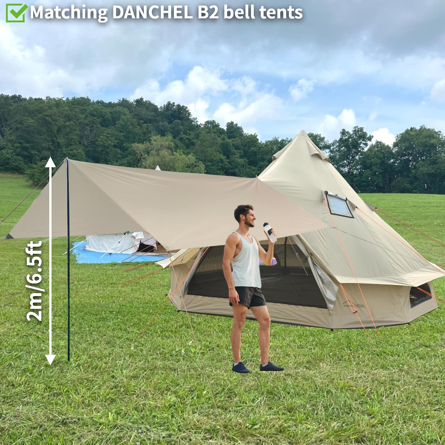 DANCHEL OUTDOOR B2 Portable Yurt with Stove Jack for All Year Living, 4 Season Bell Tent 4/6 Person Family Camping Glamping Gears 300D Oxford Khaki,13ft/16.4ft