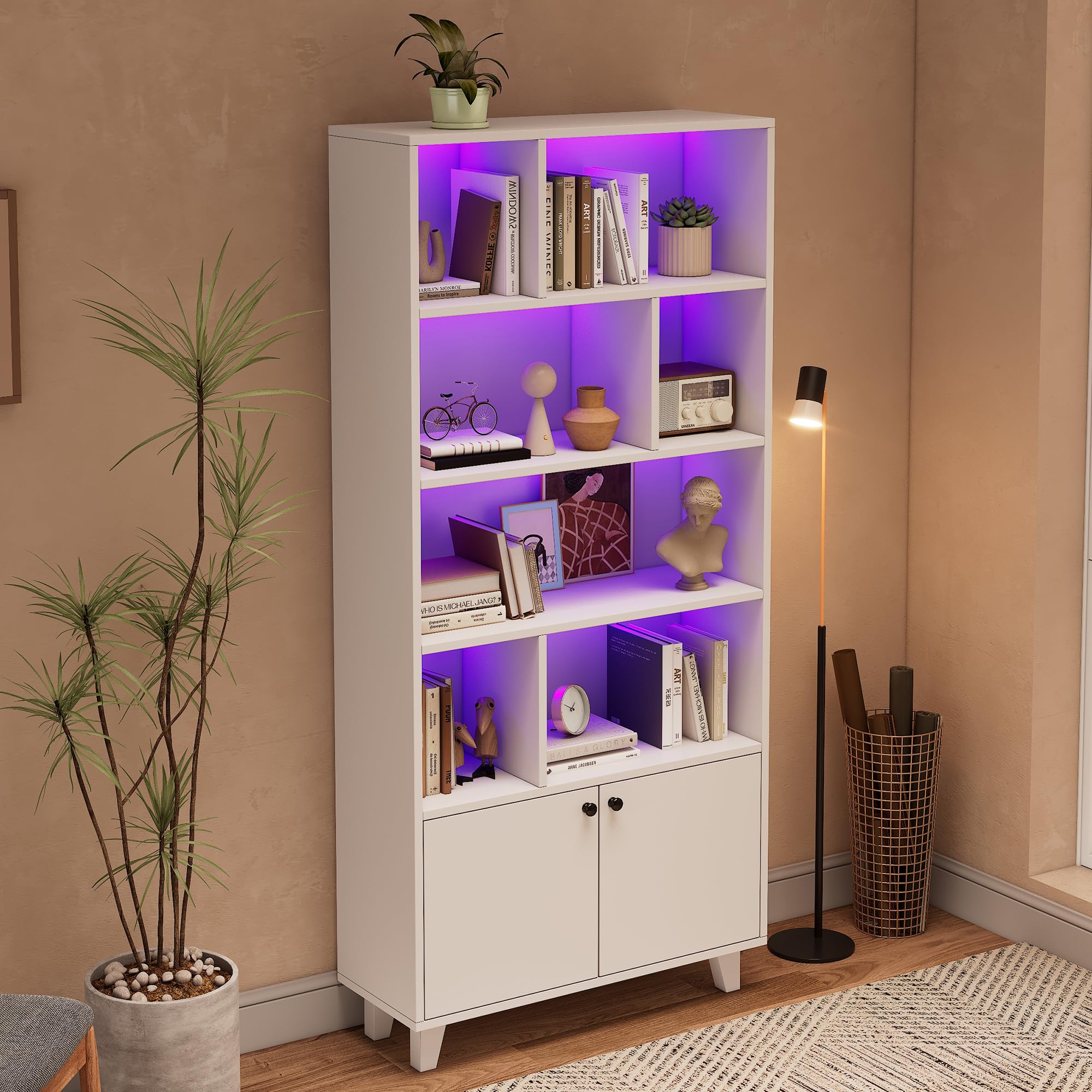 80 x 30 x 173 cm estantería, patas de madera maciza, varios compartimentos, puertas dobles, luz LED que cambia de color, mando a distancia, forma simple (blanco)