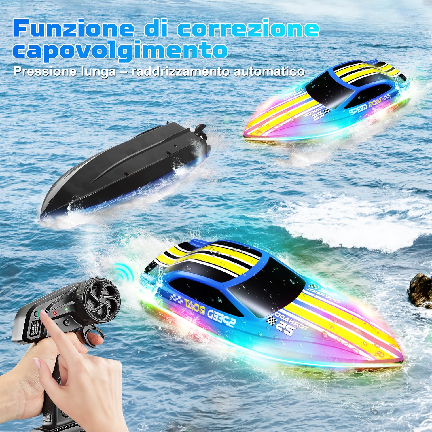 Barca Telecomandata per Bambini, 2.4GHz RC Boat con 7 Luci LED | Max 15km/h, doppia batteria 240min, anti-ribaltamento, raggio 80m, Per piscina e laghi (no salata), Regalo per bambini