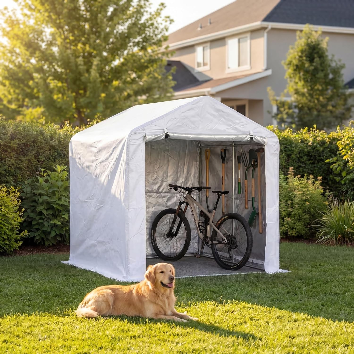 Flamaker Bike Tent Outdoor Storage Shed, Sliver Coated 420D Oxford Fabric 4000PU (Sliver, 5’ W x 7’ D x 5.4’ H)