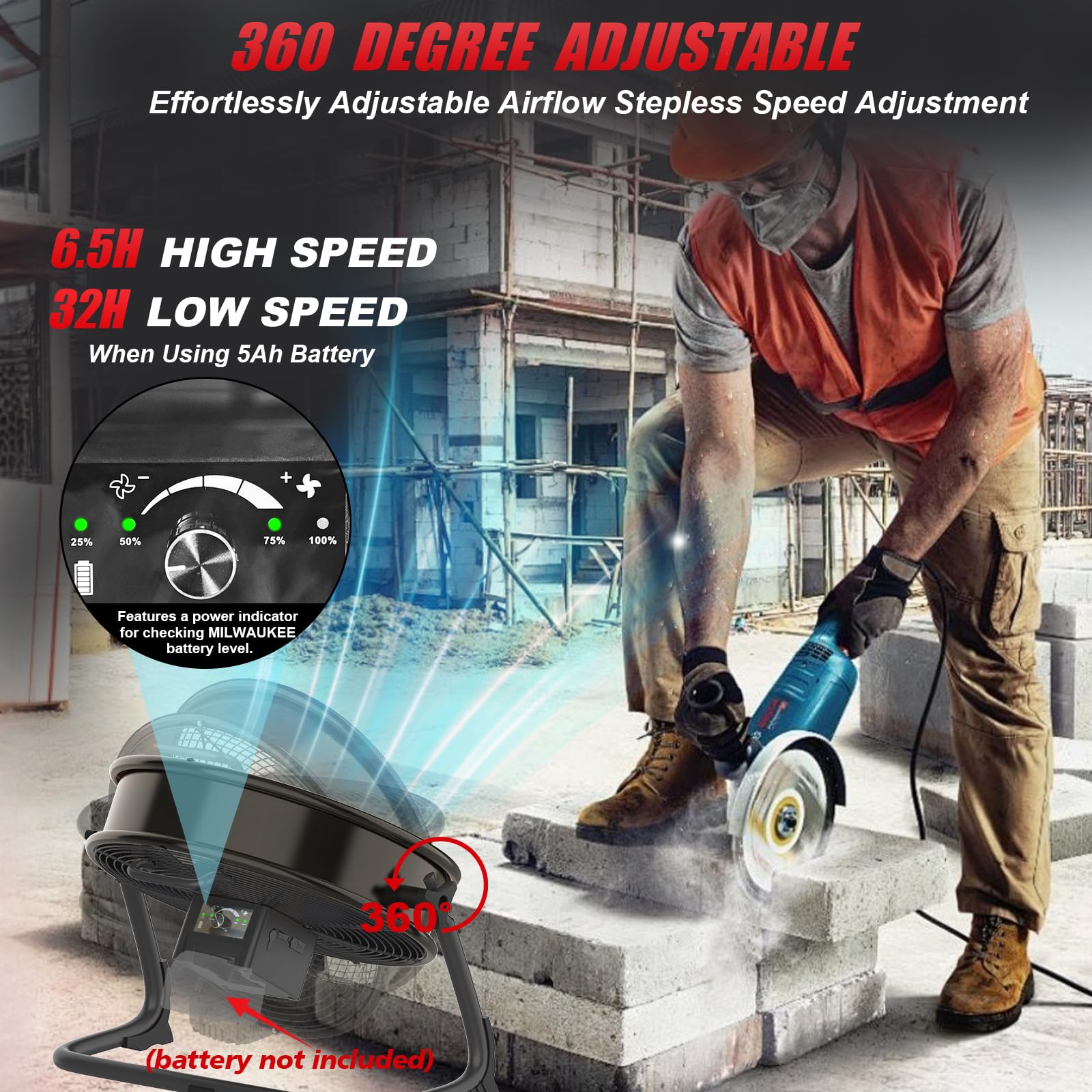 Ventilador de Suelo compatible con Batería Milwaukee 18V M18, 12 Pulgadas, Inalámbrico, Silencioso, Alimentado por Red, USB, Velocidad Regulable para Obra, Taller, Camping (sin batería)