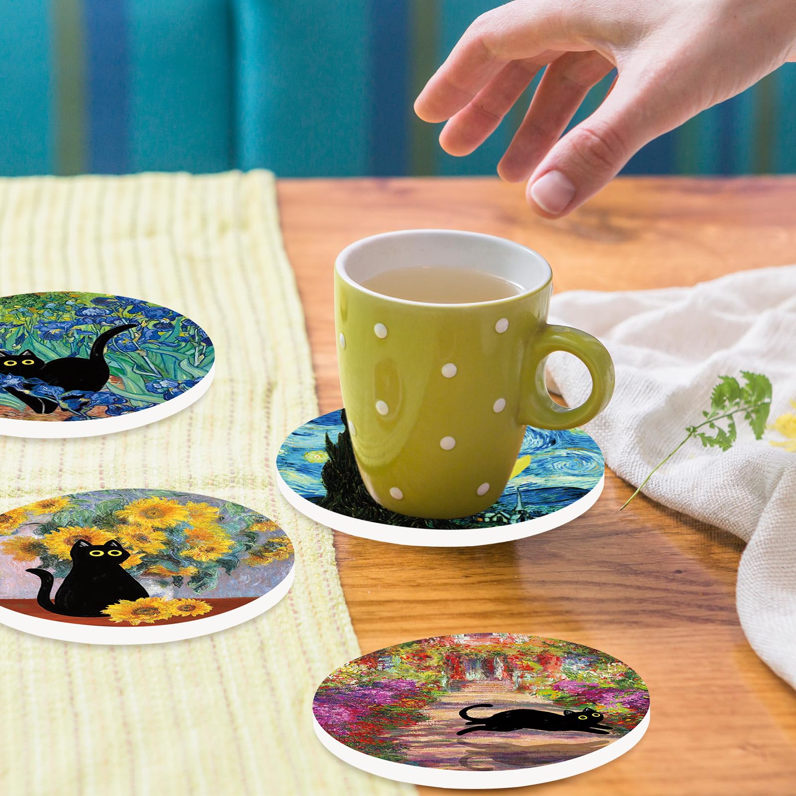 FYSUIMU Untersetzer, Motiv: schwarze Katze, Keramik, niedliche Blume, saugfähig, für Frühling, Zuhause, Küche, Party, Tischdekoration, 6 Stück