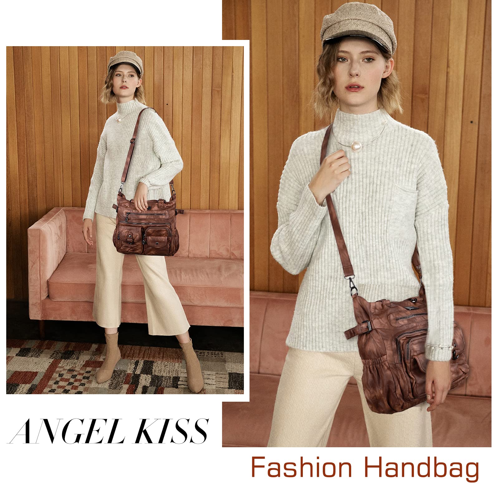 Angel Kiss Large Purses for Women Soft PU Leather Hobo Bag for Women Shoulder Bags: Stylish Brown