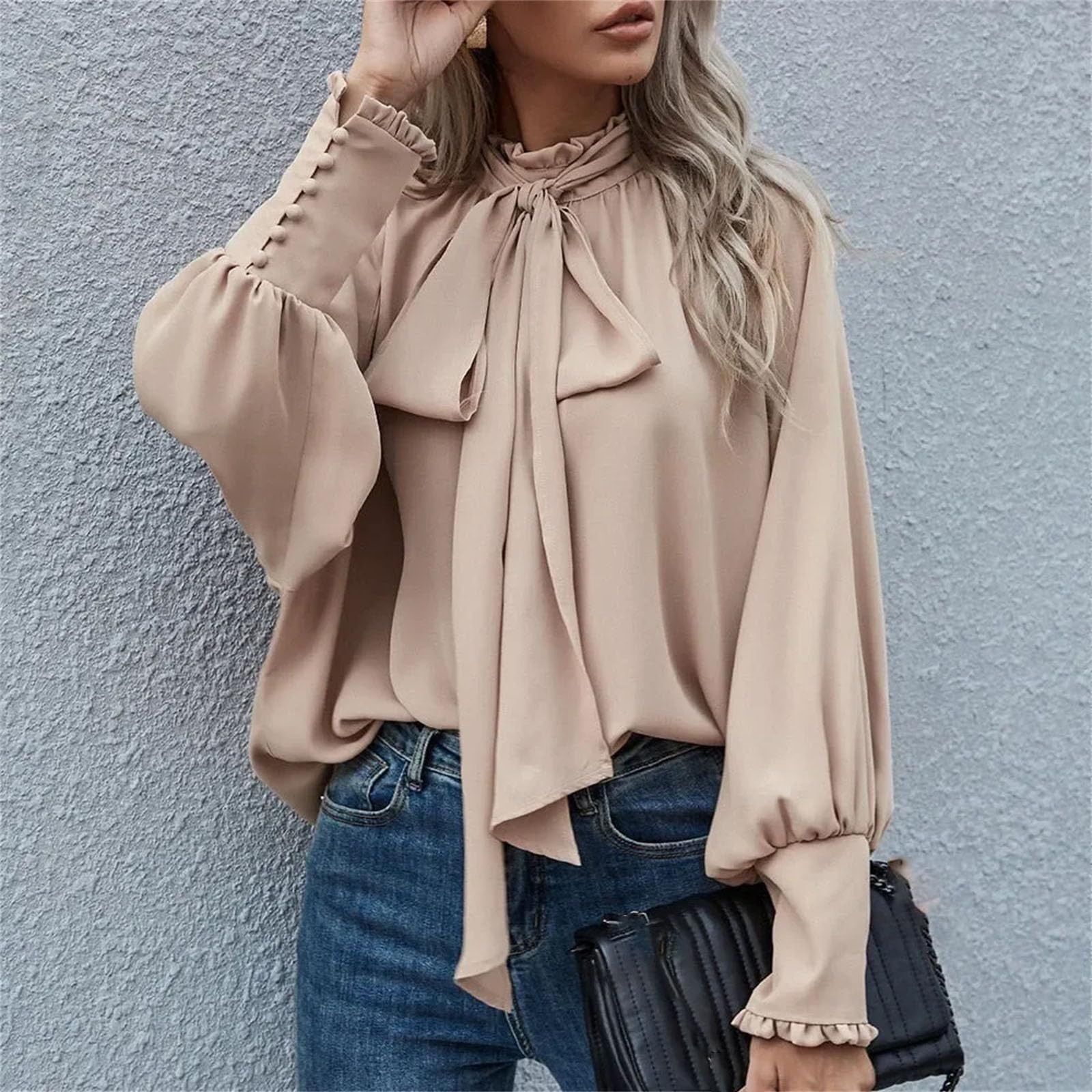 Camicia da donna a collo alto con fiocco e maniche a bolle allentata elegante top con scollo rotondo per abiti casual quotidiani