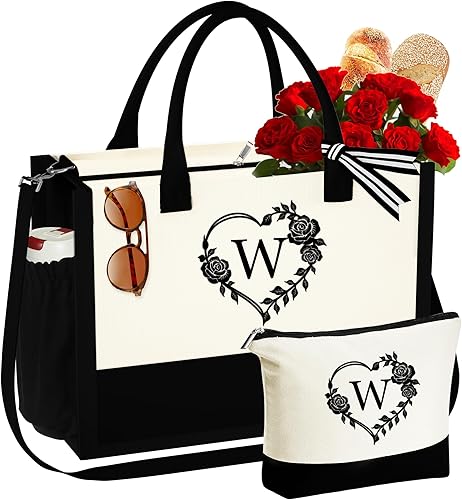 Miniatura 1 de YOOLIFE Bolsa de lona con inicial, bolsa de playa con cremallera, bolsa de maquillaje, regalo de cumpleaños, día de San Valentín, para mujeres,