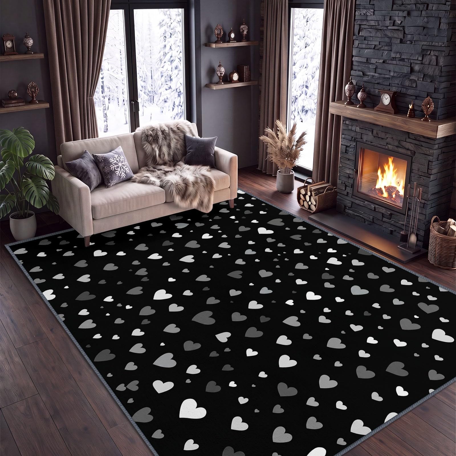 Tapis de Salon 140 x 200 cm Cœur Points Tapis de Chambre, Doux et Antidérapant Romantique Abstrait Lavable en Machine Paillasson pour Salon Cuisine Couloir et Décoration Maison