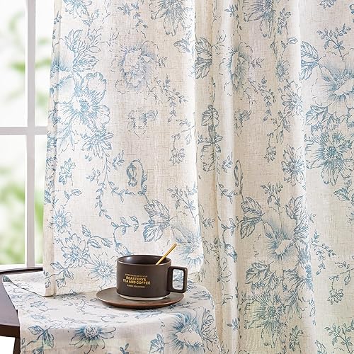 jinchan Linen Blend Curtains Floral Curtains for Living Room 84 Inch Length Blue Printed Curtains Rod Pocket Back Tab Farmhouse Peony Flower Patterned Drapes Bedroom Window Curtain Set 2 Panels