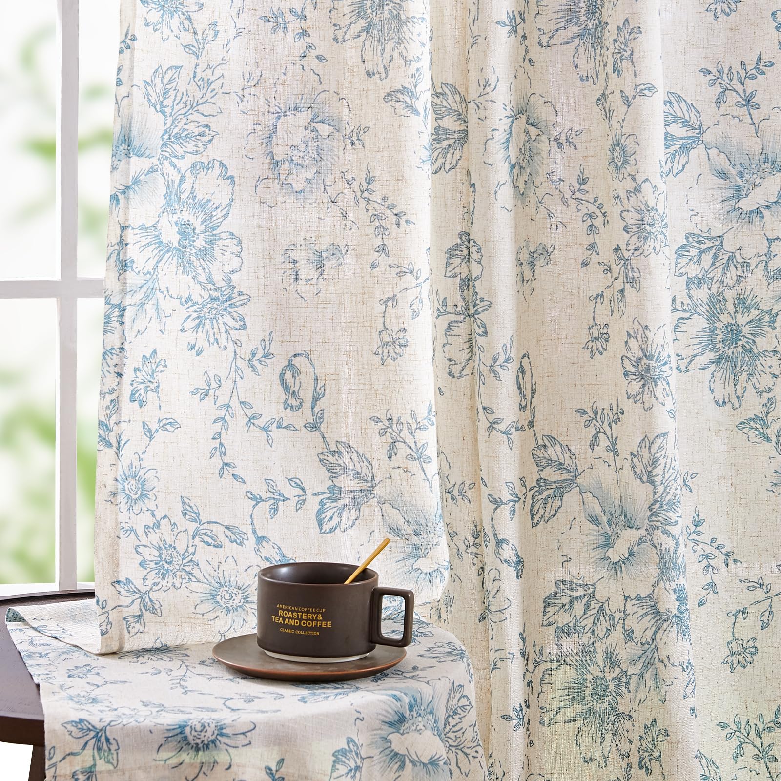 jinchan Vintage Floral Linen Curtains 108 Long Blue
