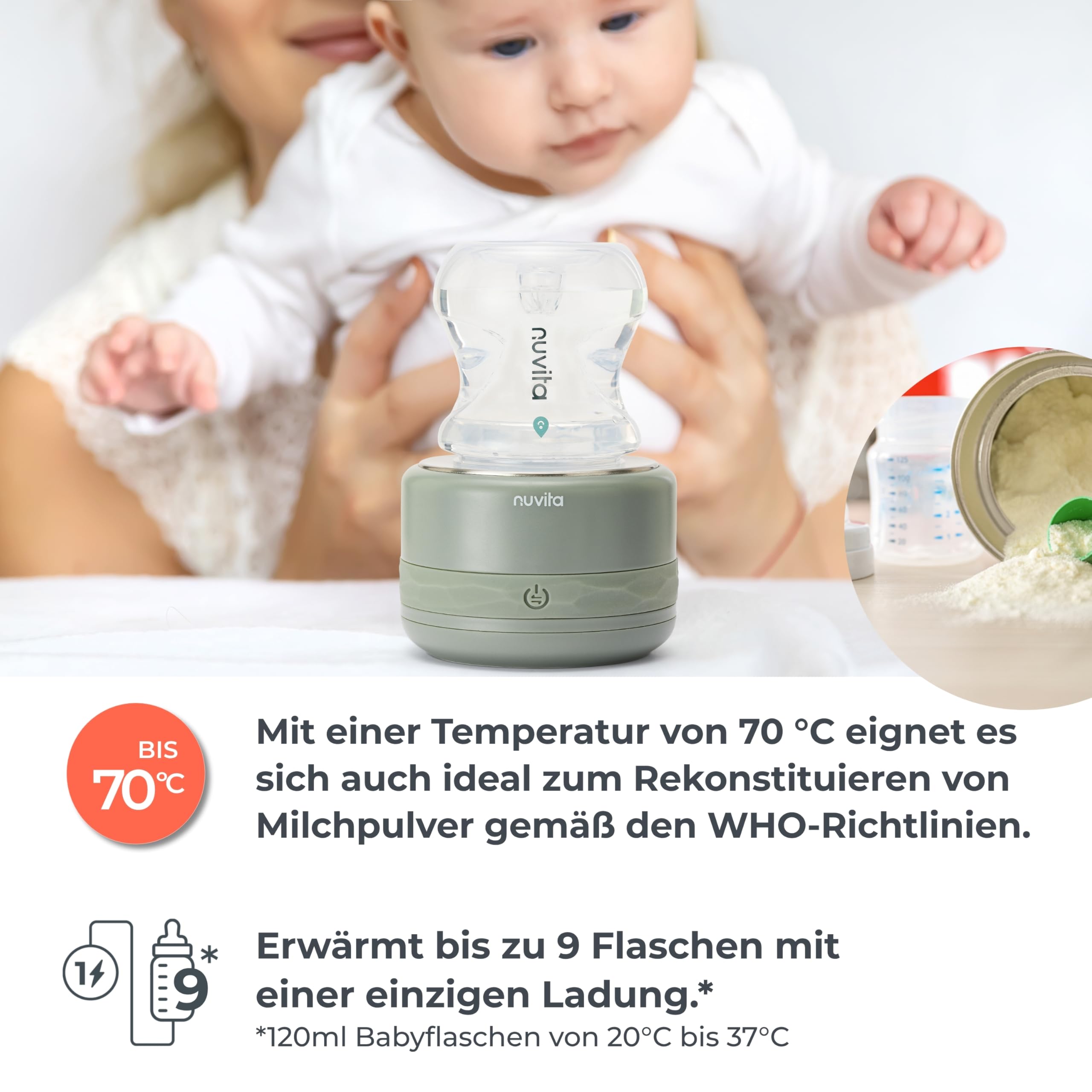 Nuvita 1166 Warm70 Kabelloser Flaschenwärmer 70°C – USB-Aufladbar, Universell Kompatibel mit 6 Adaptern, 5 Temperatureinstellungen bis 70°C, Schnelles Aufheizen in 2,5 Min, Hält bis zu 6 Std. Warm