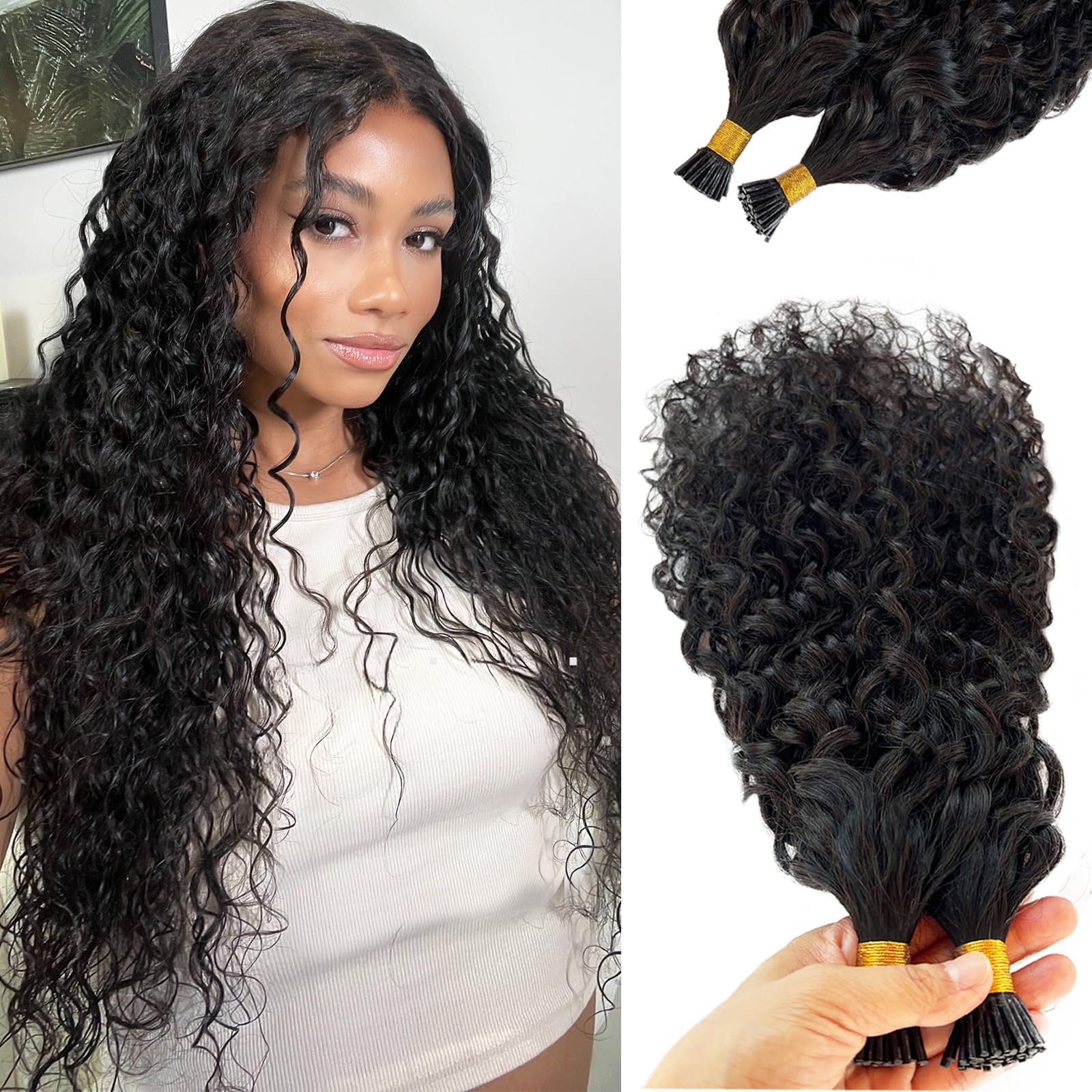 I Tip Hair Extensions Human Hair Water Wave, Natural Black I Tip Extensions Real Human Hair 20 Inch Wet and Wavy Natural Color Cold Fusion Remy Hair