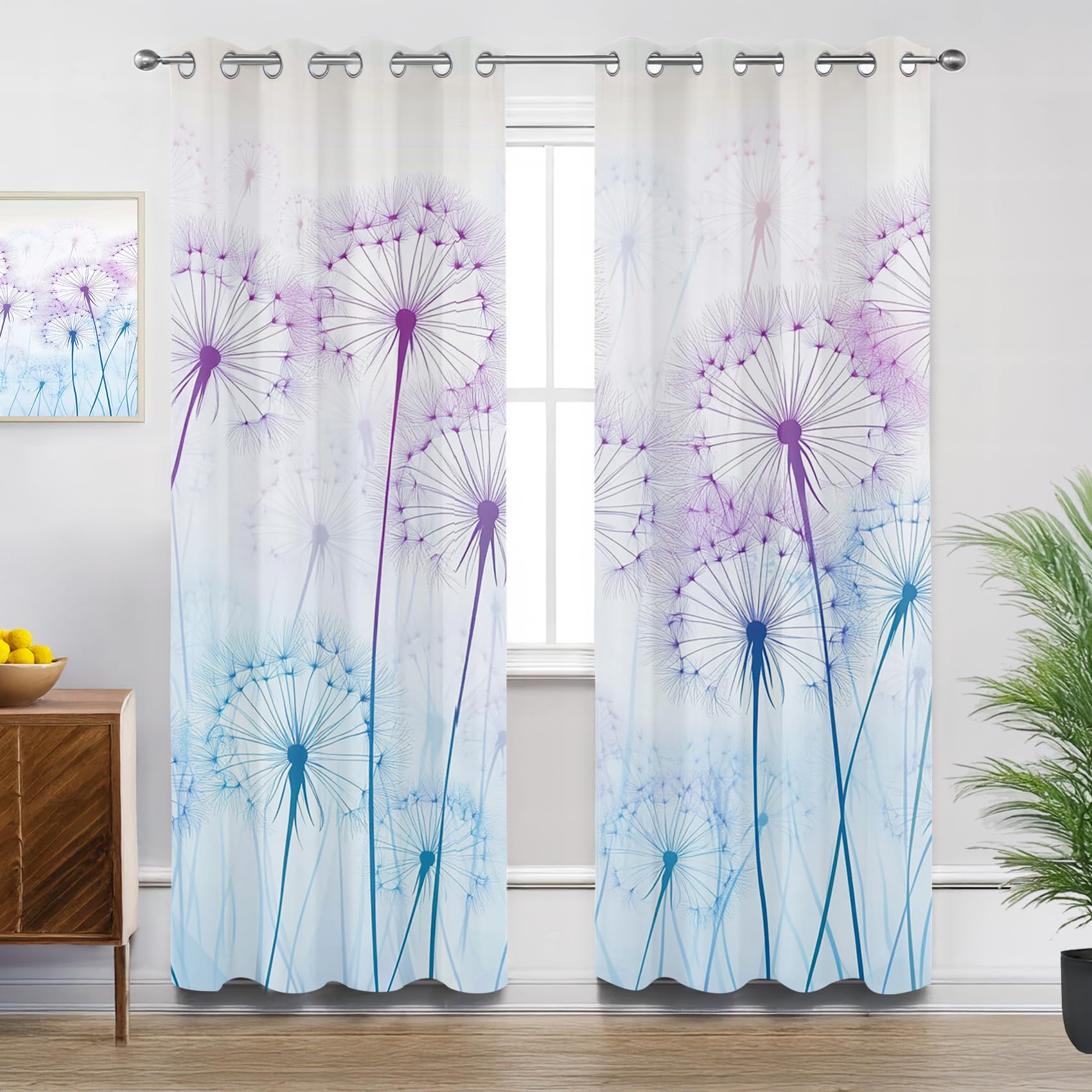 Dandelion Curtains for Bedroom, Floral Modern Botanical Simple Minimalist Blackout Thermal Insulated Eyelet Curtains for Living Room, W66 X D72, 2 Panels Drapes Room Decor