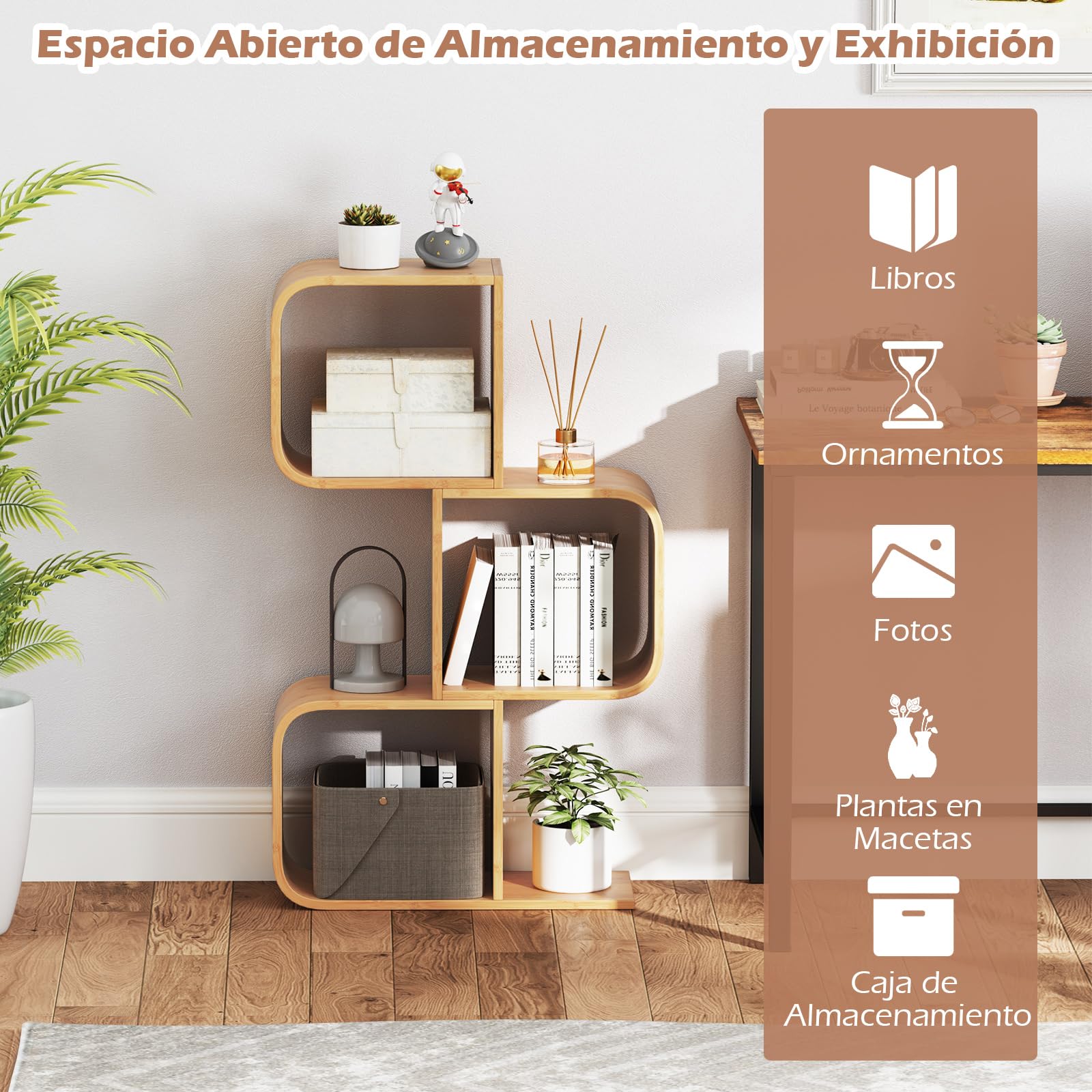 COSTWAY Estantería en Forma de S, Estantería de Almacenamiento de 3 Niveles con 3 Cubos Abiertos, Estantería de Bambú para Esquina Decorativo para Sala de Estar, Estudio, Oficina, Natural (3 Niveles)