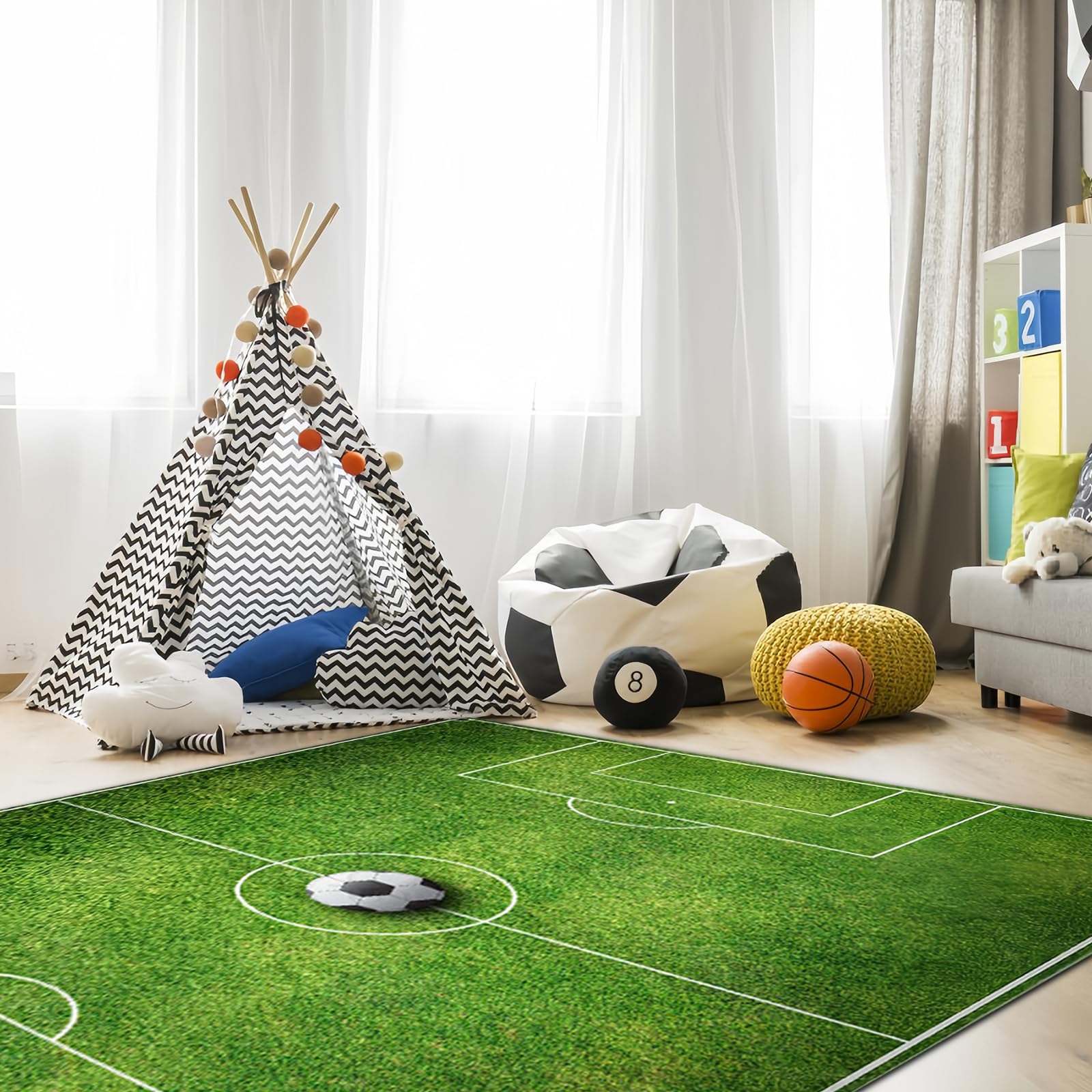 Fußball Teppich 80x120 Cm - Spielteppich Fußballplatz Grün Für Kinder