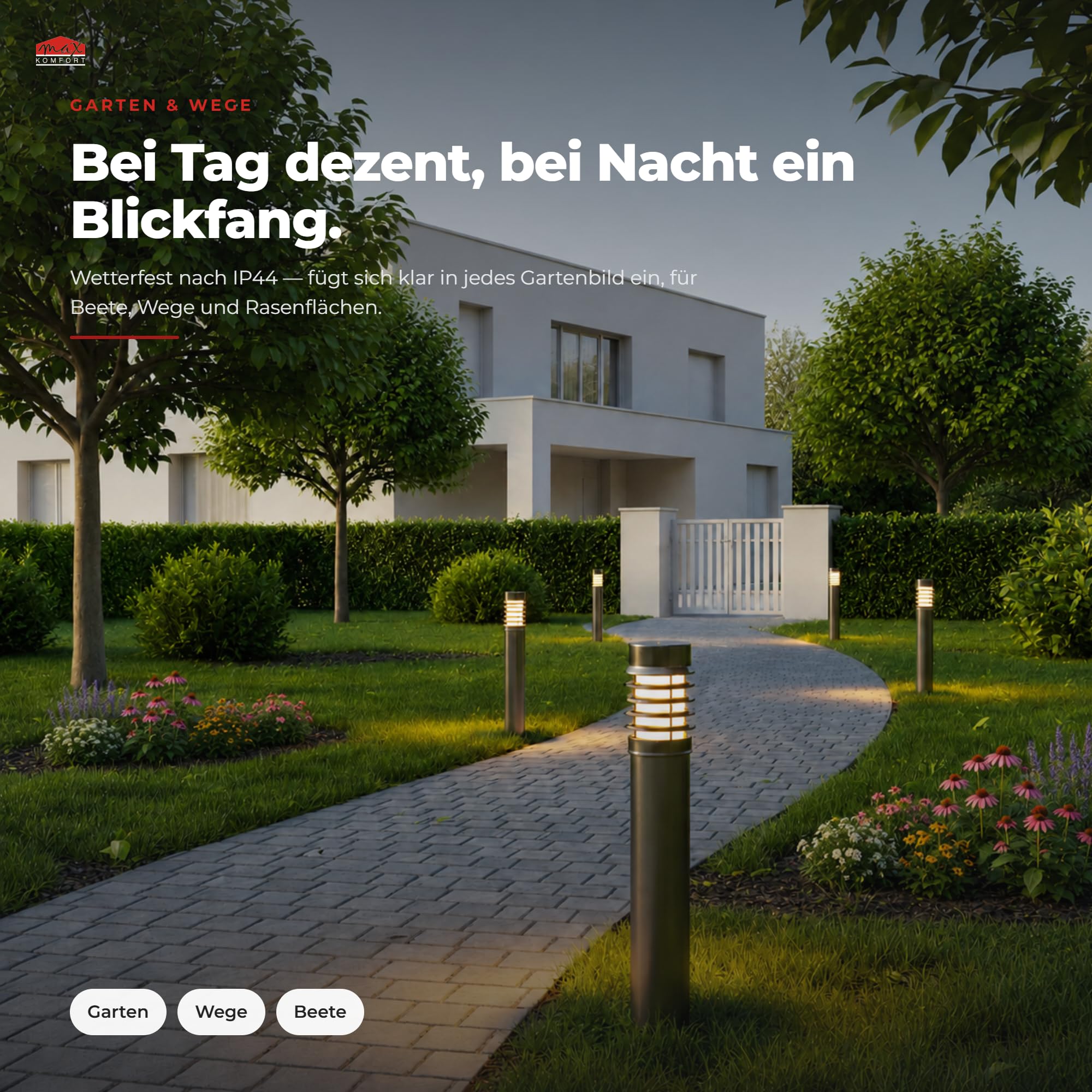 Maxkomfort Außenstandleuchte GERDA – 100cm Edelstahl E27 Outdoor Wegeleuchte – IP44 Wetterfest, Standleuchte für Garten & Einfahrt, exkl. Leuchtmittel