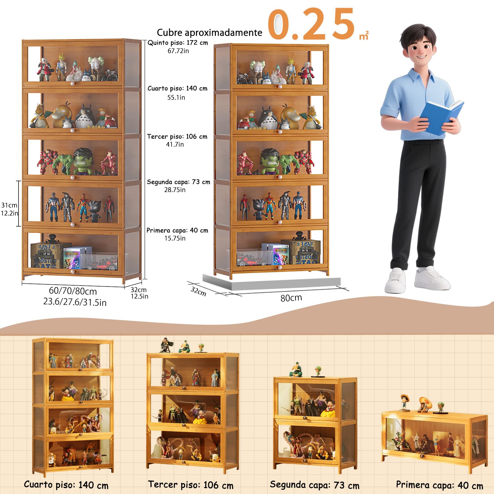 Vitrina expositora Hecho de Marco de bambú Natural,Vitrina Expositora,Multifuncional de Vidrio a Prueba de Polvo,fácil de Instalar,selado e à Prova de pó（Blanco-80×32×40cm）