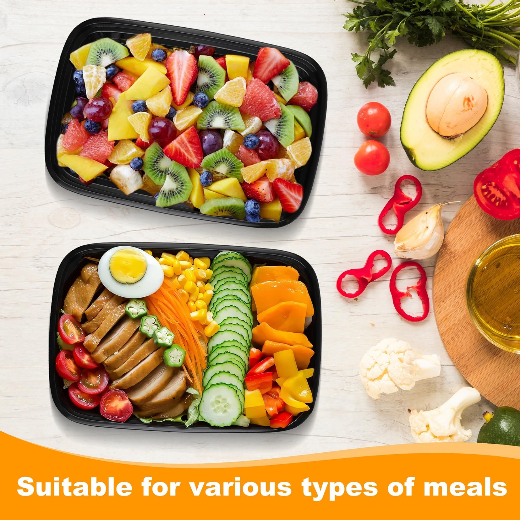 Lot de 50 boîtes à repas réutilisables sans BPA avec couvercles, 1 compartiment, passent au micro-ondes, 800 ml