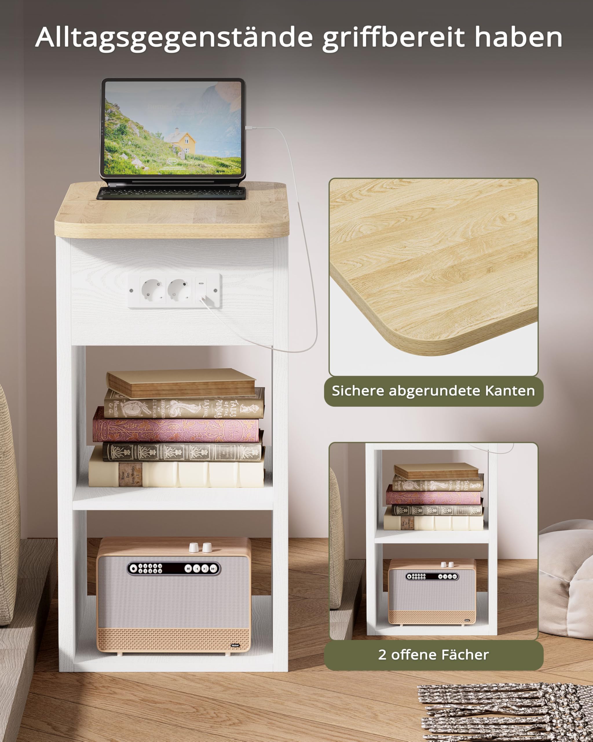 IRONCK Nachttisch schmal, Beistelltisch mit Steckdose 2 AC, 2 USB-Anschlüsse, Holz Sofatisch, Couchtisch mit Flip geheimfach, 2 offene Fächer, Nachtschrank für Wohnzimmer, Schlafzimmer,Weiß