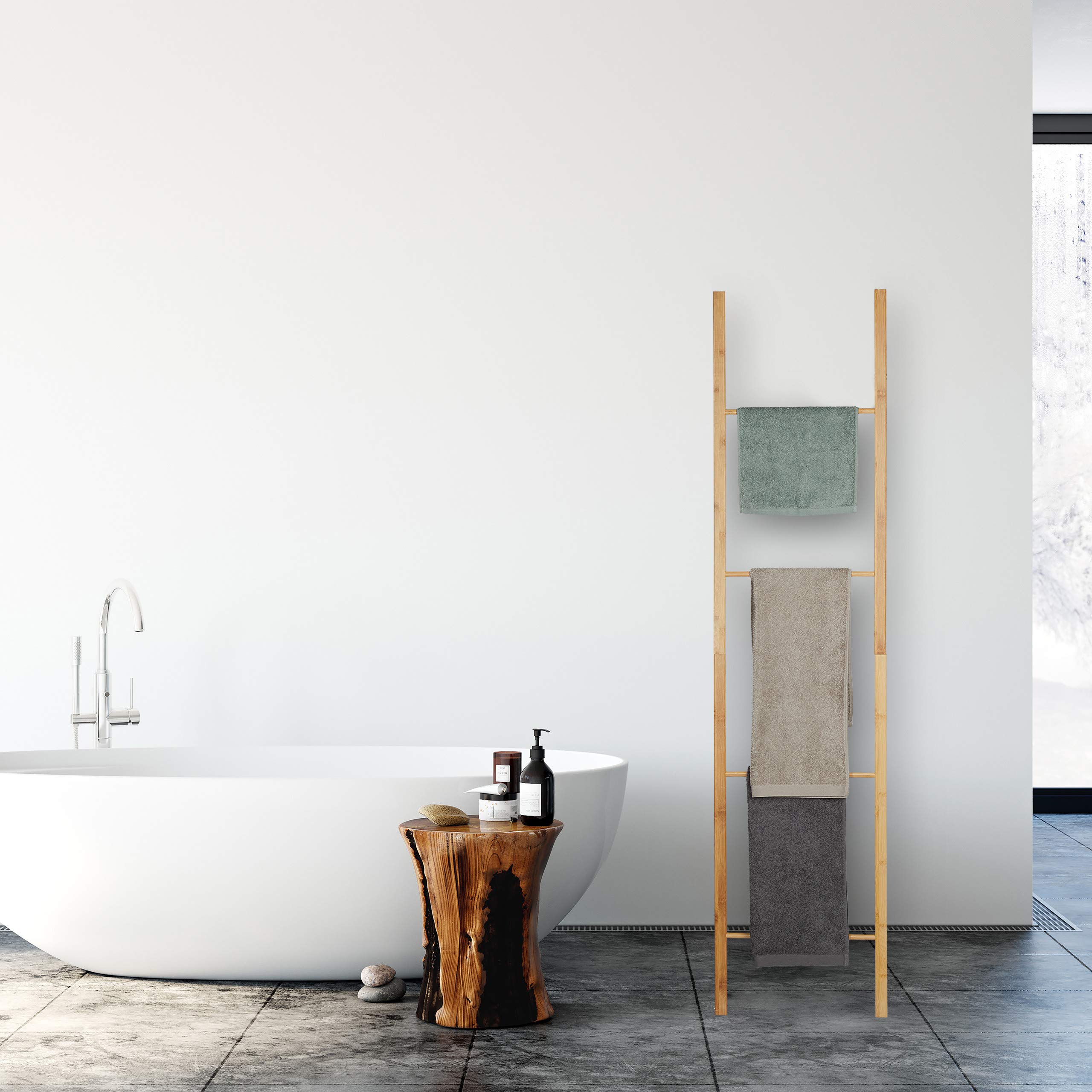 Relaxdays Porta Asciugamani in Bambù, Pieghevole, 4 Aste, a Scaletta, da Terra, HLP 180 x 42 x 2 cm, Legno Naturale