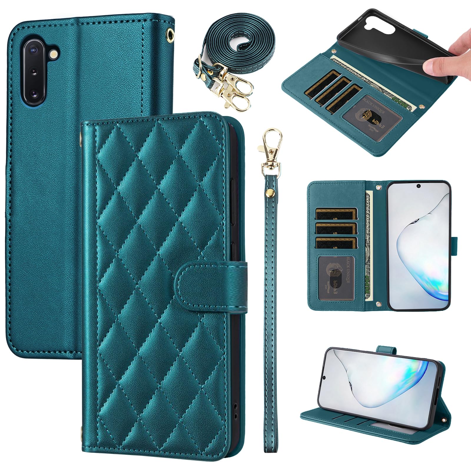 Furiet Wallet Case for Samsung Galaxy Note 10 5G with Wrist Strap, Shoulder Strap, Multiple Card Slots Folio Purse, PU Leather Stand Accessories Cell
