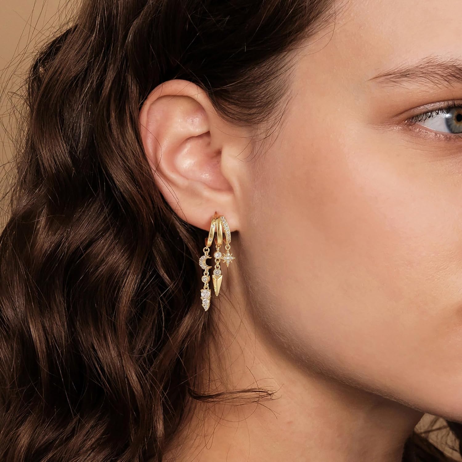 Dangle Earrings for Women,14k Gold Plated Triple Huggie Stud Earrings Dainty Drop Earrings for Women Trendy Gold Statement CZ Chain Earrings Non Tarnish Jewelry - Image 2