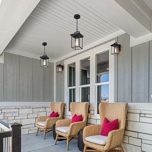 Miniatura 7 de LALUZ Lámpara colgante para exteriores, linterna colgante exterior, lámpara de araña para exteriores de 1 luz en acabado negro con vidrio sembrado,