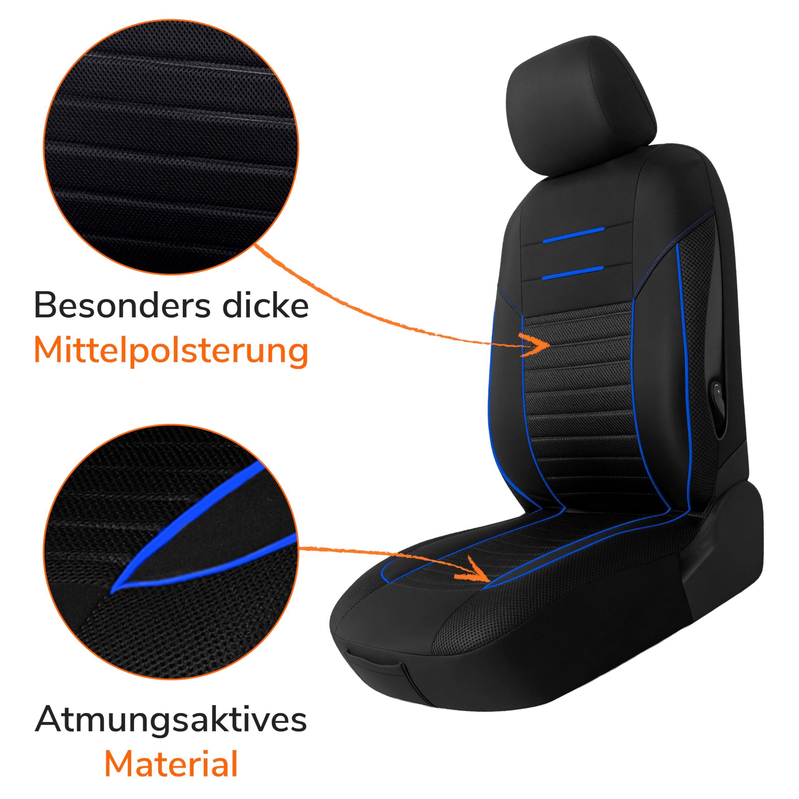 Upgrade4cars Autositzbezüge Set Universal Blau für Vordersitze & Rückbank Autozubehör Innenraum
