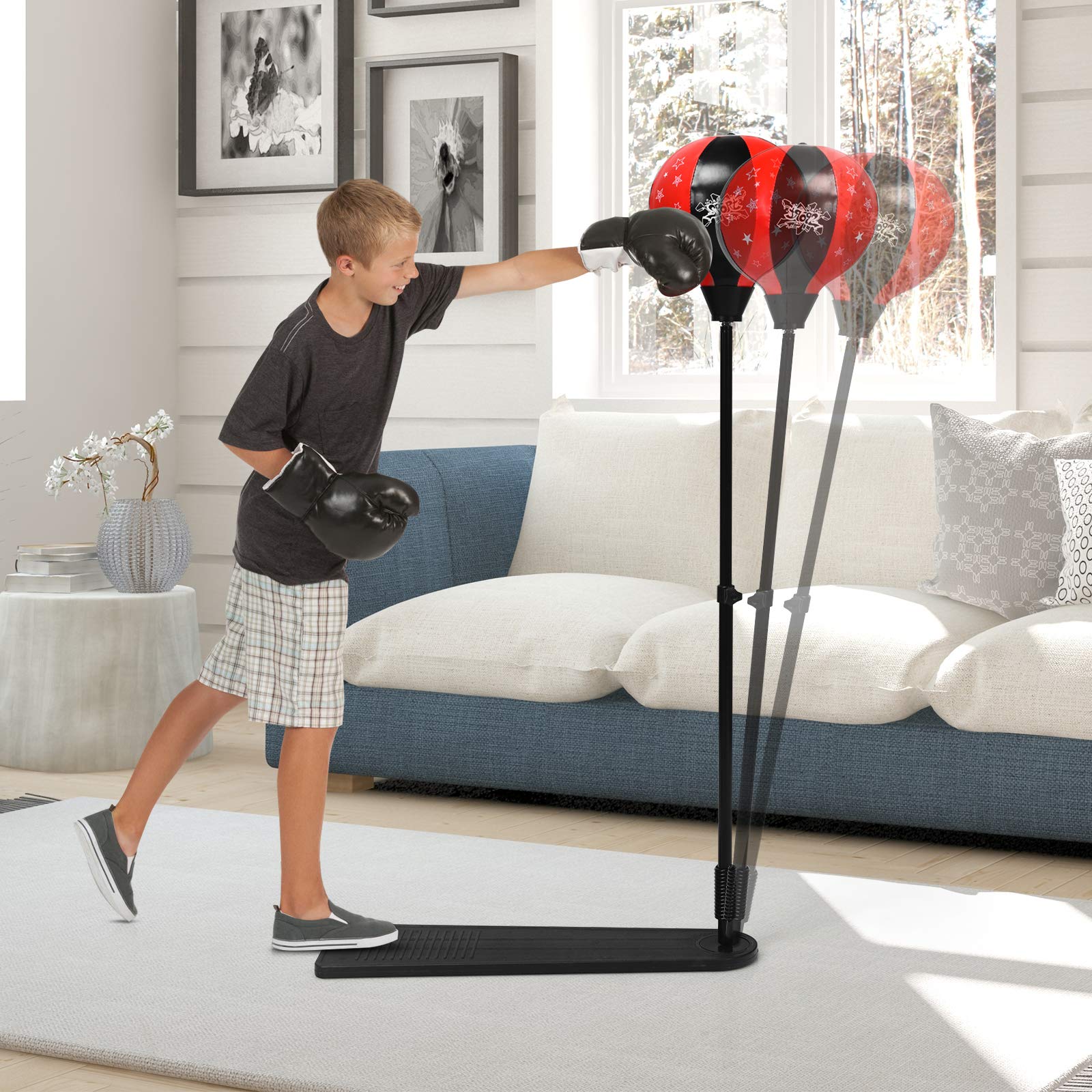 GYMAX Juego de Boxeo 85-130 cm Regulable en Altura, Set de Boxeo con Guantes y Bomba, Soporte de Boxeo con Pedal Antideslizante, Saco de Boxeo Fijo para Niños y Adolescentes a Partir de 8 Años