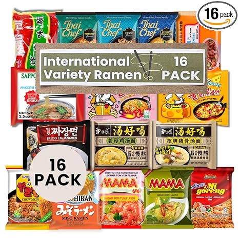 Asian Instant Ramen Variety Pack – 16 Different Flavors Noodle of International, Korean, Japanese, thailand, China, Noodles, Assorted Soup and Stir-Fry Styles, Spicy and Mild