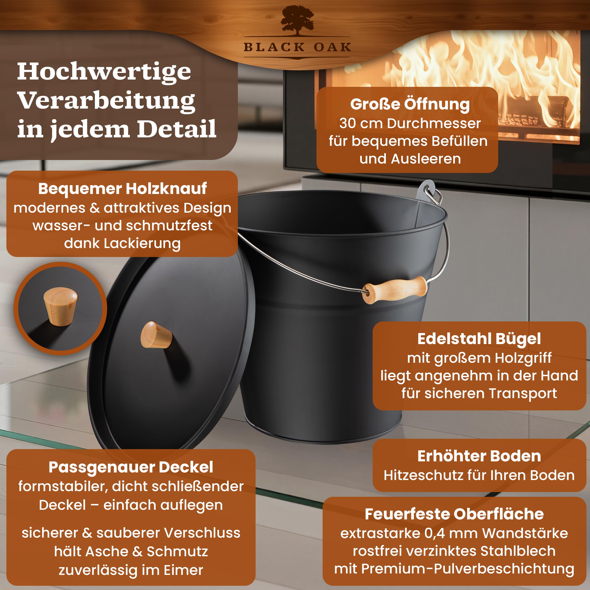BLACK OAK Cubo de ceniza Fuego 10 l – negro con tapa con mango de madera + cepillo + pala y guantes – 10 l acero galvanizado y recubierto de polvo cubo para cenizas, carbón, pellets accesorios